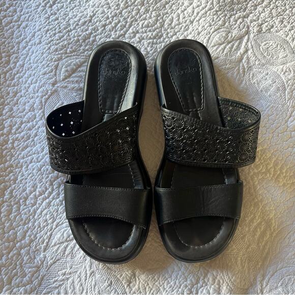 Dansko Black Leather Perforated Double Strap Slip-On Sandals - Picture 2 of 8
